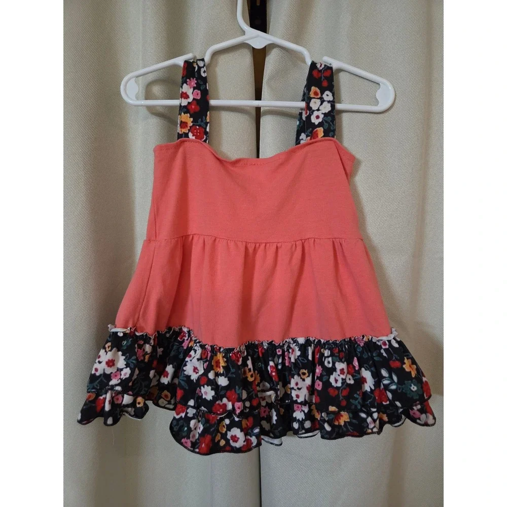 Girls Coral Pink Floral Ruffle Tunic Top Sleeveless Flower Applique 12-18M XS